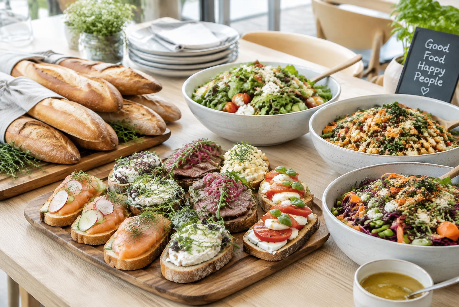 Catering med baguetter, smørbrød og salater