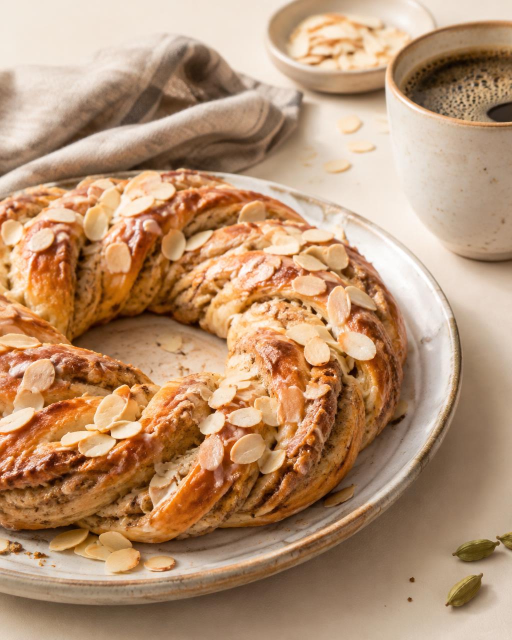 Kringle med mandler og en kopp kaffe
