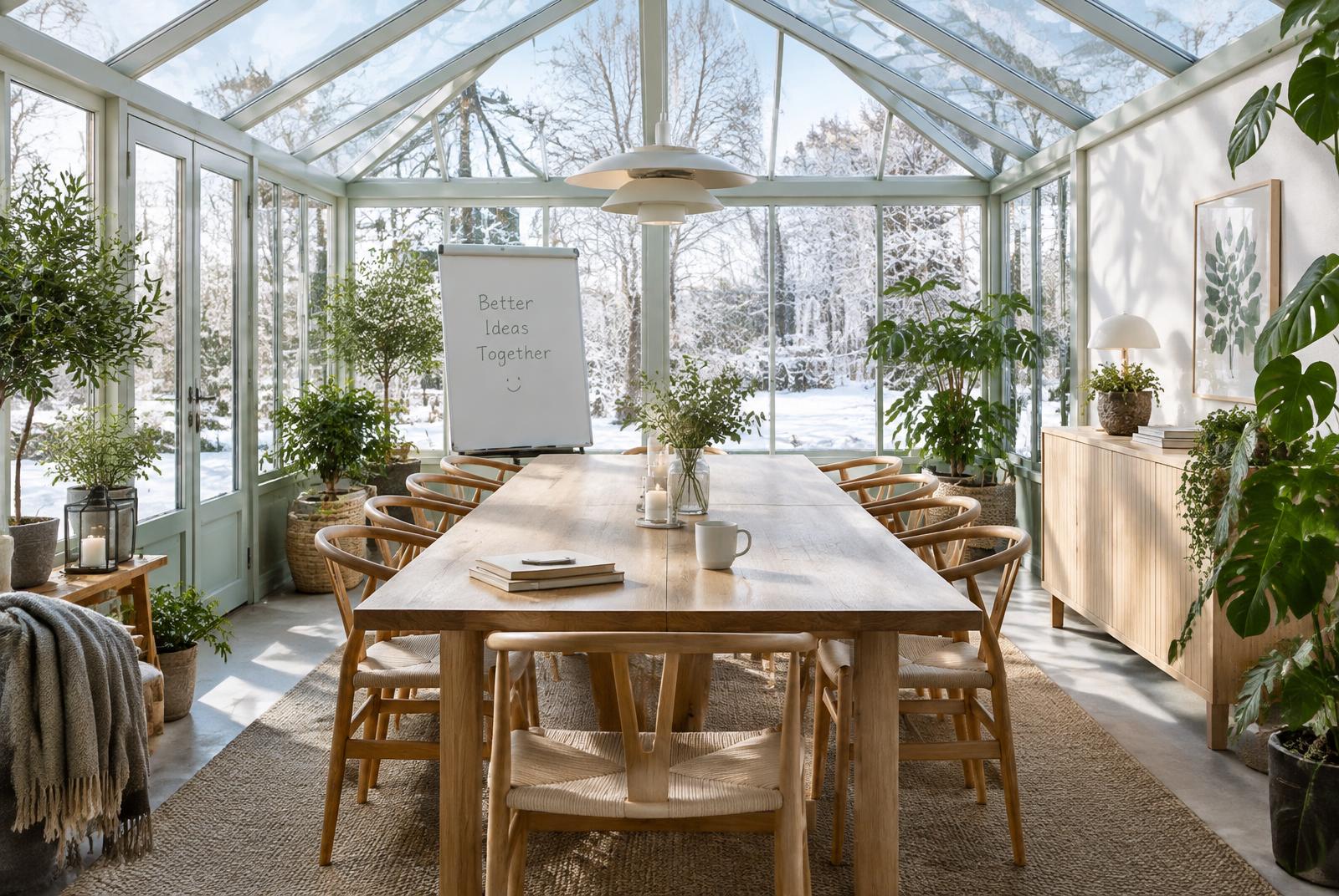 Vinterhagen med langbord og planter